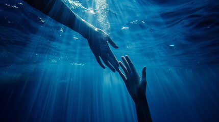 A hand reaching out to another hand in the water. Concept of connection and unity