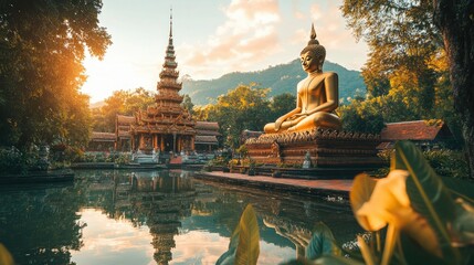 Stunning Southeast Asian temple with golden Buddha statue, spiritual and serene atmosphere