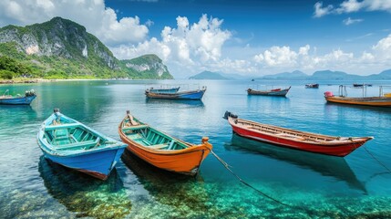 Fototapeta premium Traditional Southeast Asian fishing boats anchored in a calm bay, vibrant colors, no people