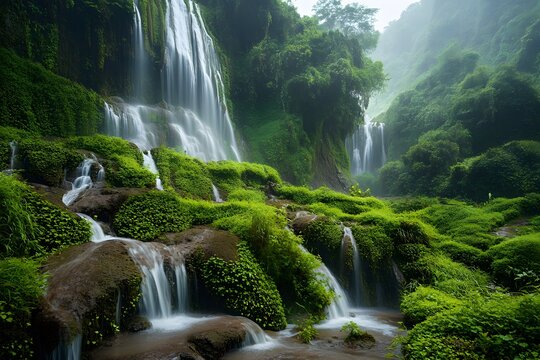 Lush green foliage frames cascading waterfalls in a misty jungle.