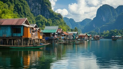 Traditional Southeast Asian fishing village with stilt houses, calm water, and mountain backdrop