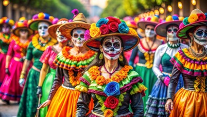 Fototapeta premium Day of the Dead Parade with Colorful Costumes and Sugar Skulls 