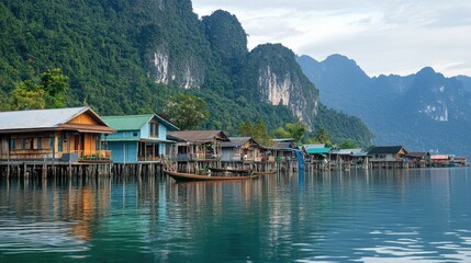 Obraz premium Traditional Southeast Asian fishing village with stilt houses, calm water, and mountain backdrop
