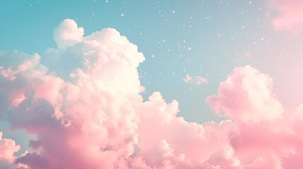 Pastel clouds billow gently in the sky during sunset, creating a peaceful atmosphere filled with soft colors and tranquility