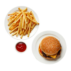 Burger and French fries isolated on transparent background,Combom Burger and friees, tasty burger with French fries, Burger on white plate, Set of burger,png, Ai generated