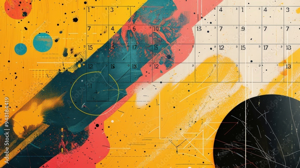 Poster experience an artistic calendar month with unique design elements and a visually appealing grid.
