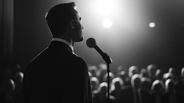 Profile view of caucasian european american businessman with microphone motivational speaker in his her audience at a conference meeting with copyspace background
