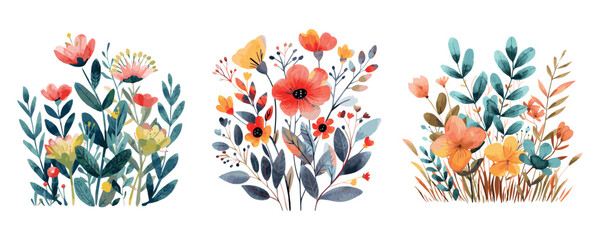 Watercolor flowers in folk style png. Collection of flowers from leaves, flower bouquets. Spring art print with botanical elements. Watercolor vector botany © Narin