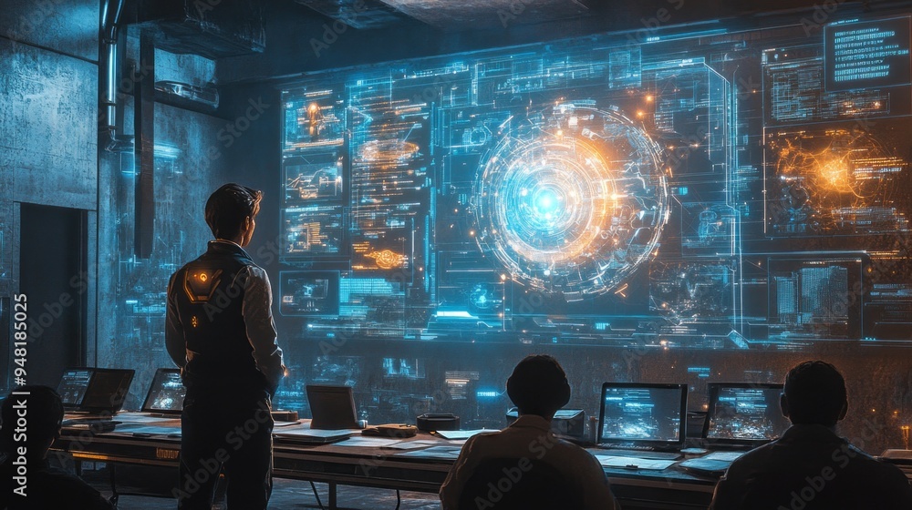 Poster a man stands in front of a computer monitor with a group of people watching