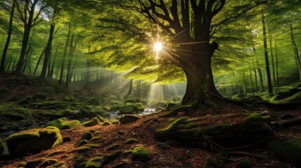 Tranquil woodland with old-growth trees, green foliage, and sunlight.