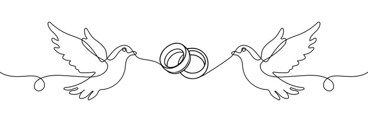 One continuous line drawing of Wedding rings and white dove. Romantic invitation design and symbol engagement and love marriage in simple linear style. Editable stroke. Doodle vector illustration