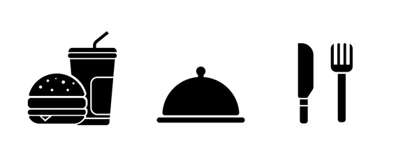 Catering icon set. Containing fork, knife,beverage, food.