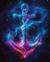 Anchor logo in neon style. Postcard on a black background with a blue anchor, glowing anchor on a black background, anchor logo, anchor pattern banner in modern art style