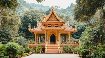 Traditional Southeast Asian pagoda with ornate details, surrounded by lush greenery, cultural charm