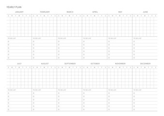 A year plan template with a simple and minimal style. Note, scheduler, diary, calendar, planner document template illustration.