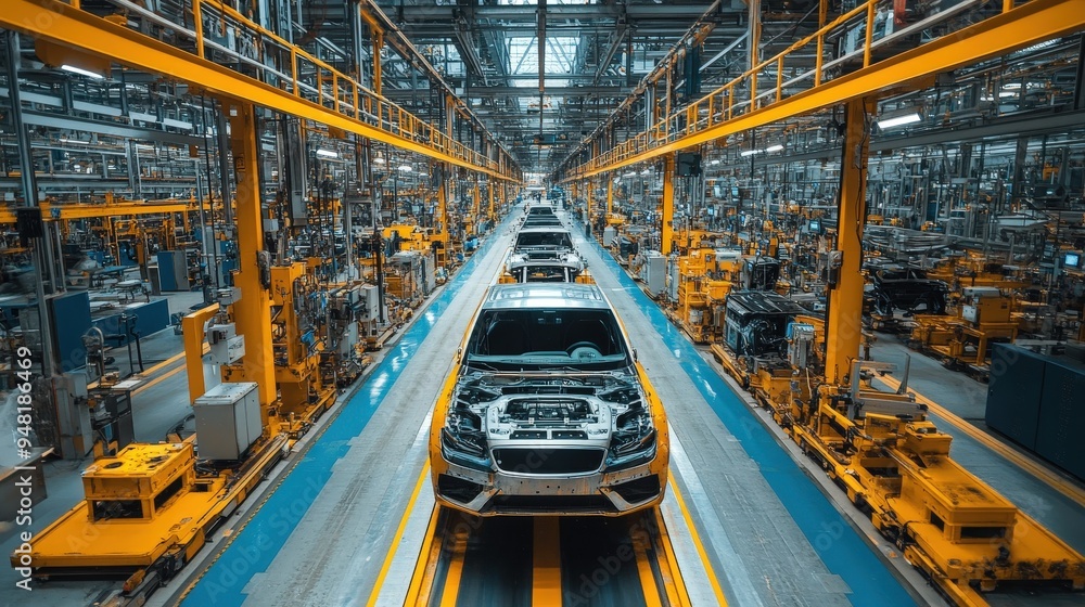 Poster A series of vehicles are positioned on a moving assembly line inside a spacious automotive factory. Workers and machines are actively involved in the assembly process, ensuring efficient production