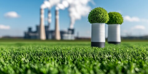 green plants in pots against blurred industrial smoke stacks representing environmental sustainability and carbon neutrality.