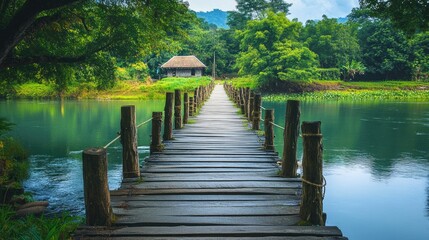 Obraz premium Traditional Southeast Asian wooden bridge crossing a tranquil river, rural charm, no people