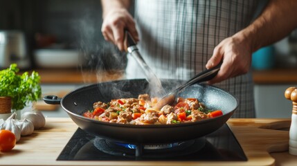 delicious home cooked meal preparation with steaming sautéed vegetables and meat in a pan on a stovetop.