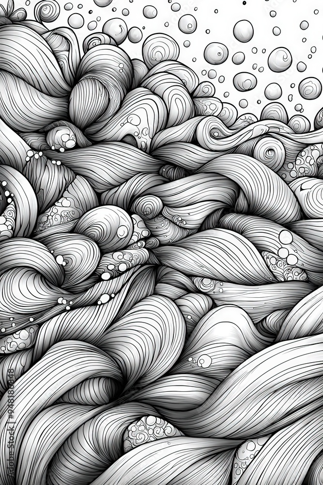 Poster the artwork features a complex arrangement of flowing waves and bubbles, creating movement and depth