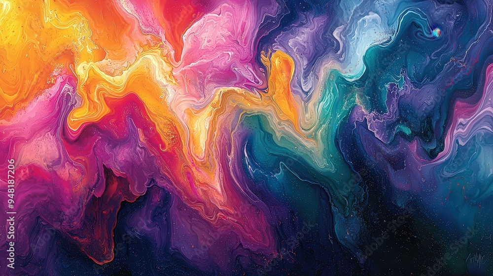 Poster This striking abstract artwork features a dynamic mix of swirling colors, including bright oranges, deep blues, and rich purples, creating a captivating visual experience