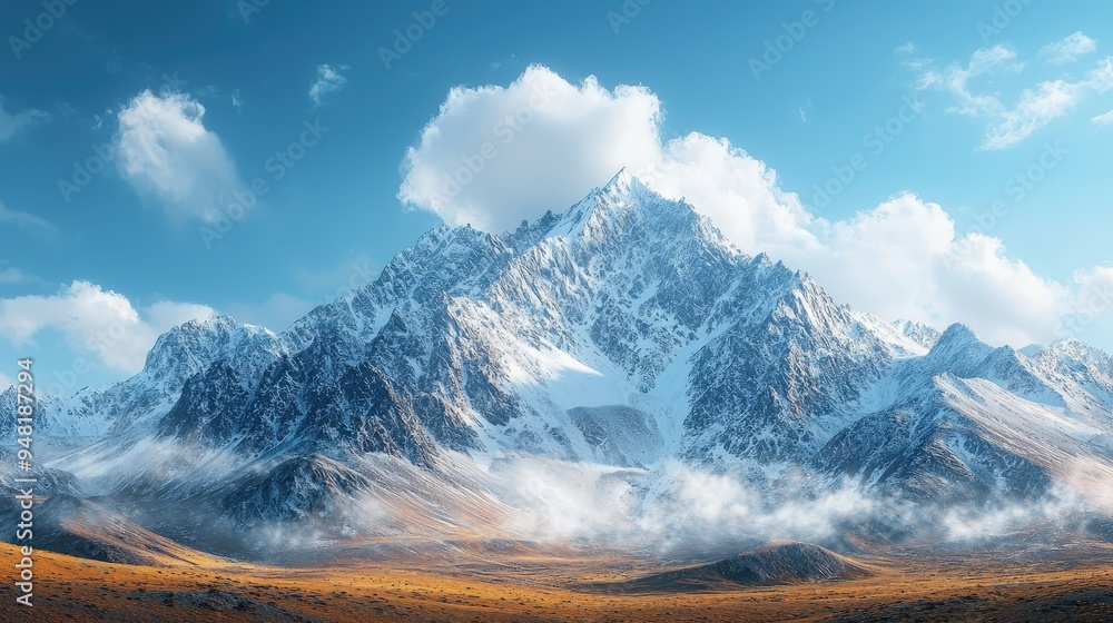 Poster Towering mountains showcase snow-capped peaks under a bright blue sky with fluffy white clouds floating above. Golden grass covers the tranquil landscape below