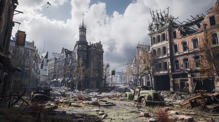 desolate atmosphere of a historic district with destroyed buildings.