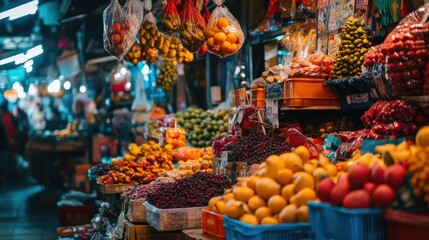 Vibrant Southeast Asian market with colorful stalls, showcasing exotic fruits and spices, no people