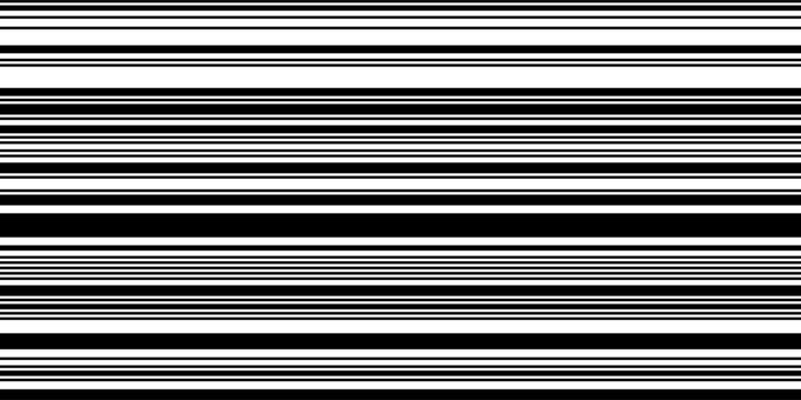 Simple monochrome bg with thin and thick horizontal lines as seamless pattern. Barcode black and white vector bg. Binary image of machine coding for marking goods and reading by scanner.