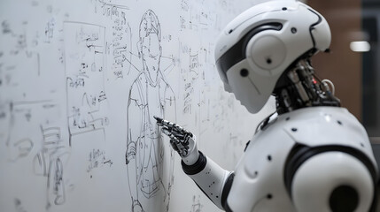 Robotic Arm Sketching Futuristic Design on Whiteboard in High Tech Lab