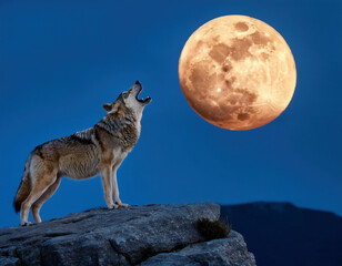 howling wolf in front of a full moon on a rocky hill