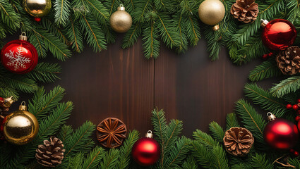 Beautiful Christmas Background with green fir tree brunch close up. Copy space, trendy moody dark toned design for seasonal quotes. Vintage December wallpaper. Natural winter holiday forest backdrop