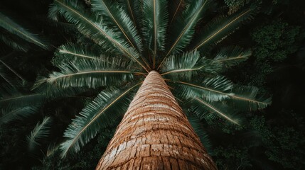 An upward-facing perspective captures the textured trunk and long fronds of a tall palm tree, with dense foliage in the background, highlighting nature's grandeur.