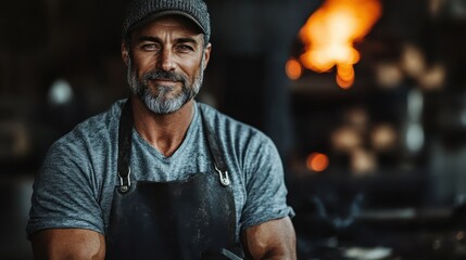 A muscular man with a gray beard, wearing a black apron and a cap, stands confidently in a dimly lit workshop with a glowing forge in the background, representing strength and craftsmanship.