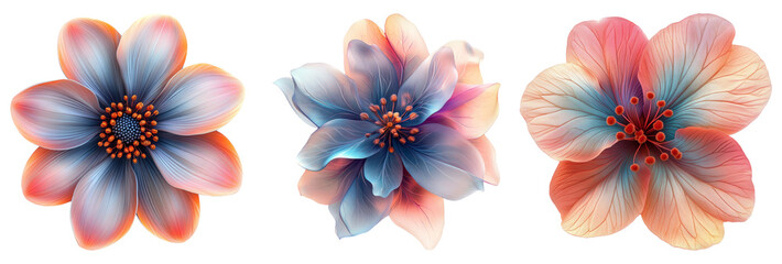Obraz premium Colorful flowers with soft petals in different designs isolated on transparent background