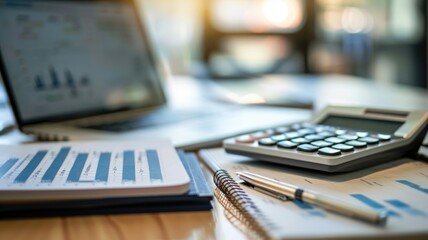 STEM education,Mathematical graphs on laptop, calculator and notebooks on organized workspace