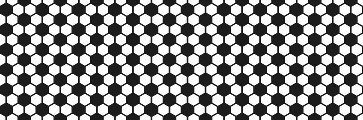Simple hexagon black and white bg with soccer balls pattern. Abstract vector endless football background. Honeycomb wallpaper. Floor or wall tile in sport syle