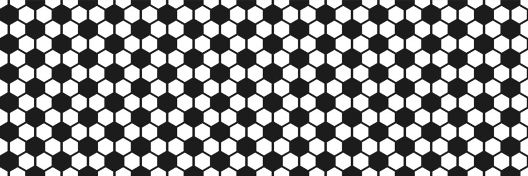 Simple hexagon black and white bg with soccer balls pattern. Abstract vector endless football background. Honeycomb wallpaper. Floor or wall tile in sport syle