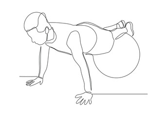 Continuous single line sketch drawing young energetic man exercise sit up and stretch with fitness ball in gym fitness healthy lifestyle sport vector illustration