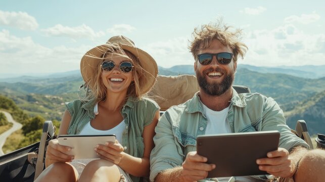 Adventurous Friends on Scenic Road Trip Using Tablets for Navigation in Ultra-Detailed 32K Resolution,Generative AI
