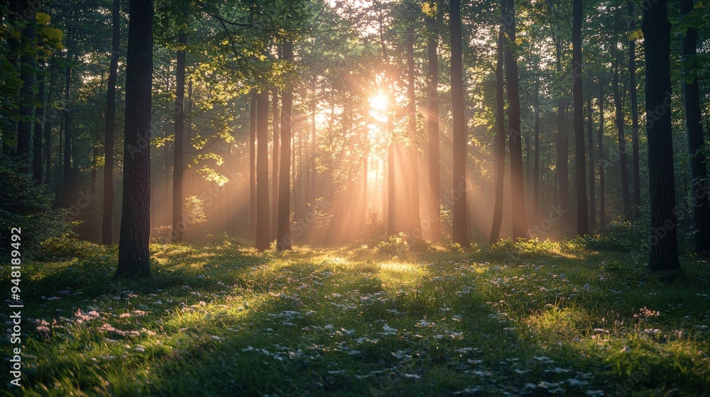 Aufkleber golden rays of sunlight break through tall trees in a serene forest, casting gentle light on the lus