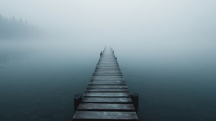 A tranquil scene featuring a wooden dock extending into a foggy expanse, creating a soothing and mysterious atmosphere over the calm water.