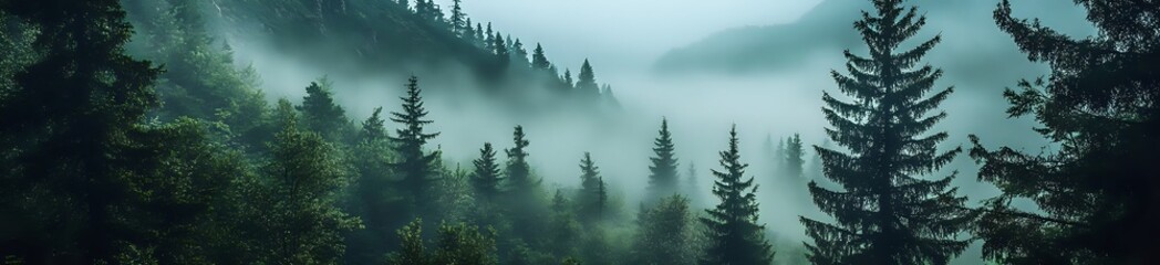 Fototapeta premium Misty Forest with Tall Pines Silhouetted Against a Foggy Sky, Nature Photography