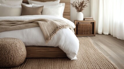 This cozy bedroom features earthy tones and textured finishes, including a beige knit blanket,...