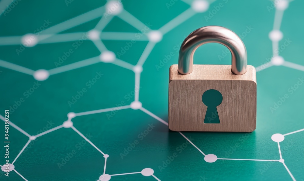 Aufkleber secure network, digital security, data protection, locked padlock on abstract green network pattern,