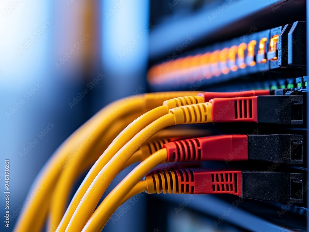 Poster network server rack with yellow and red ethernet cables close up abstract technology background.