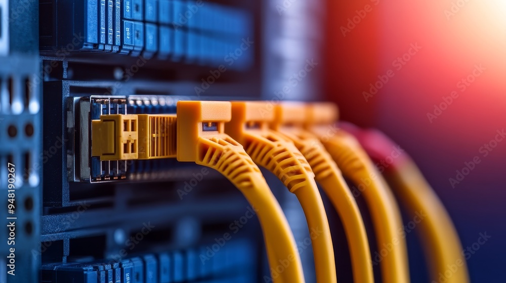 Aufkleber high-speed network connectivity close-up of yellow ethernet cables plugged into a server rack, conne