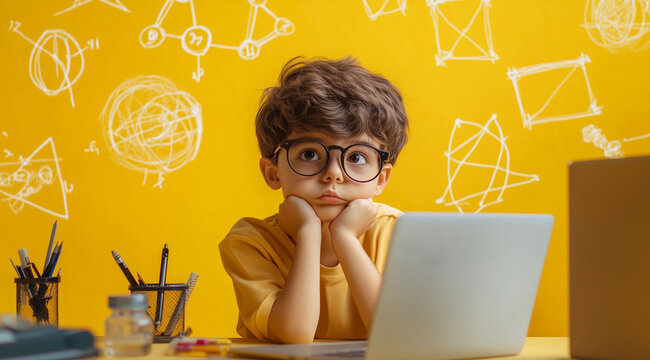 Young Boy Deep in Thought with School Supplies and Mathematical Formulas in Vector Graphic for Kids' Poster or Book Cover - Powered by Adobe
