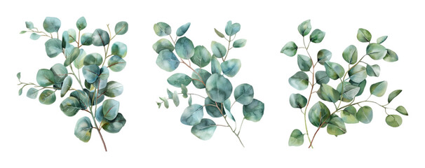 Watercolor set of eucalyptus branches png. Watercolor eucalyptus branches on a transparent background. Elements for the design of wedding invitations, etc. Vector illustration © Narin