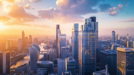 Fototapeta premium the modern skyline of Canary Wharf from an aerial perspective